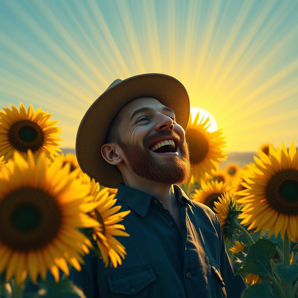 Van Gogh laughing in a wide shot field of sunflowers facing ...