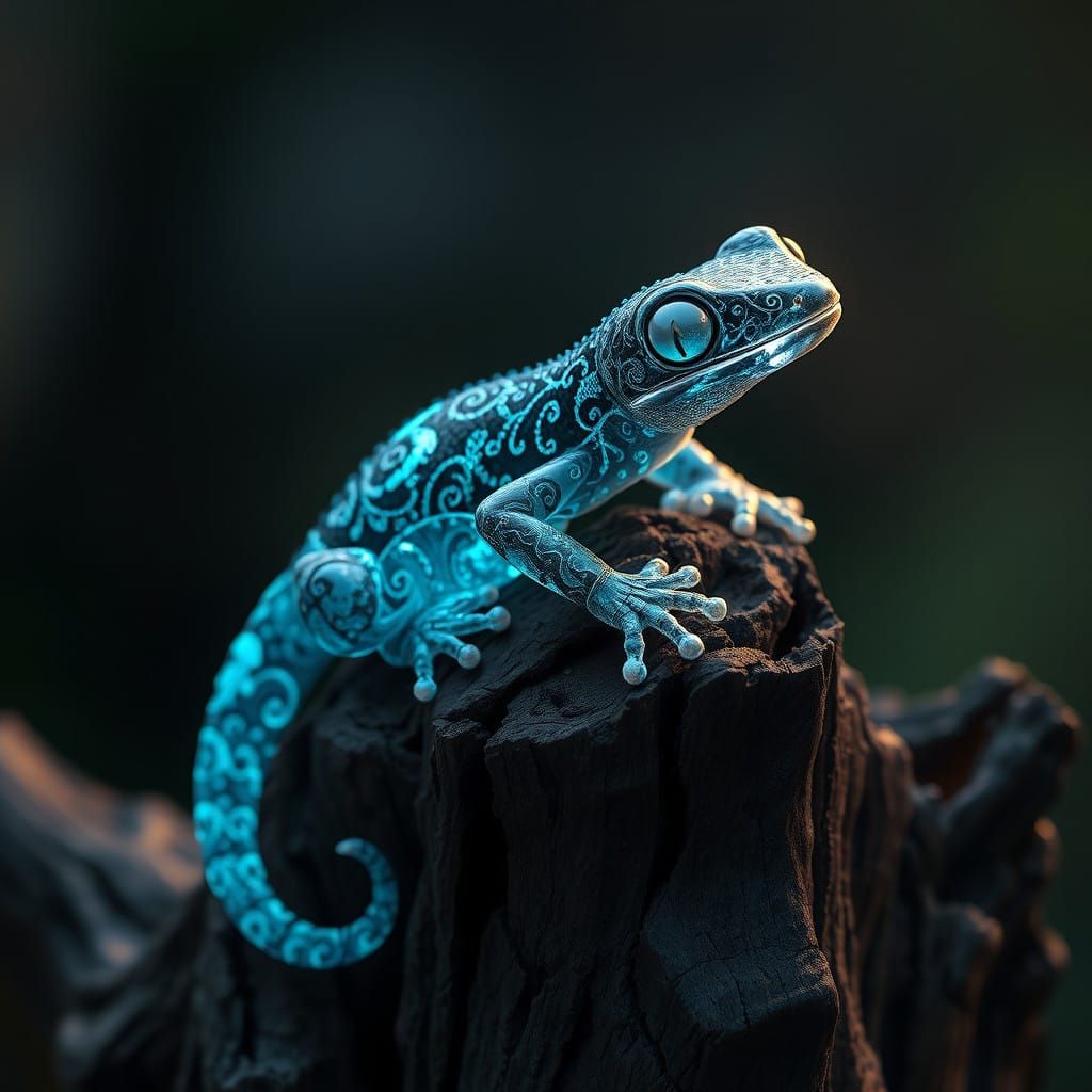 Shimmering Obsidian Gecko Amidst Ancient Woodland