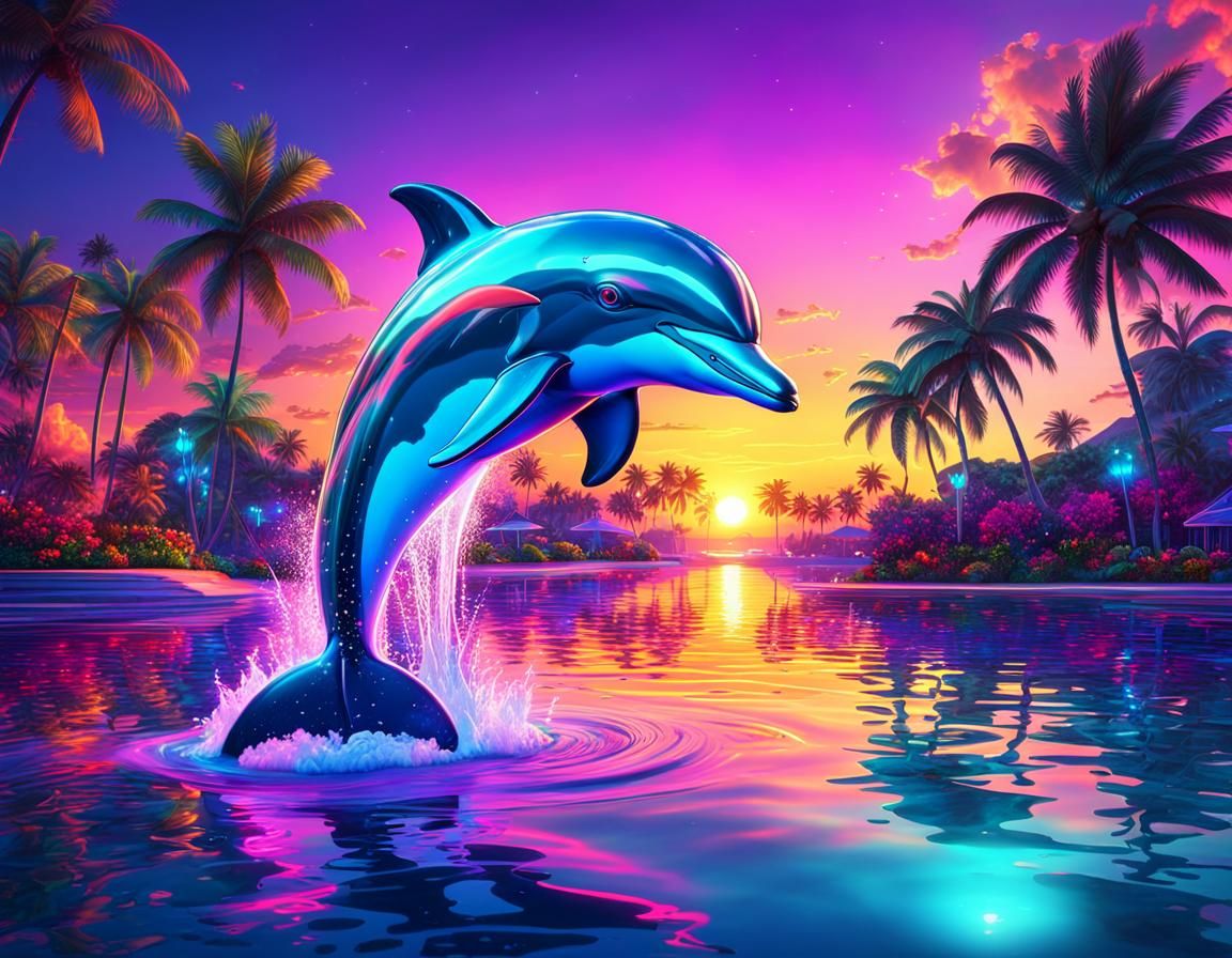 Neon Dolphin Sunset in Miami, 80s Style
