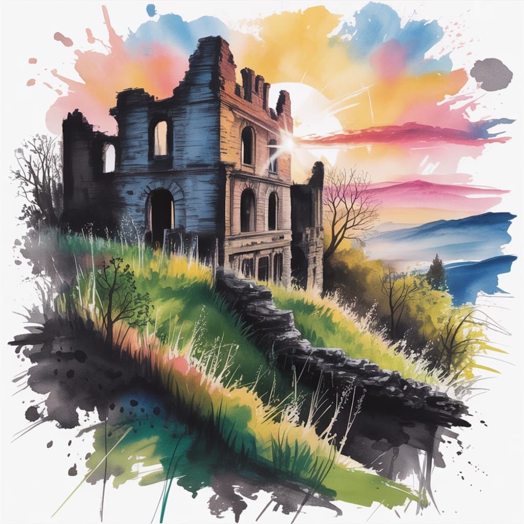 Castle Ruins: Charcoal and Watercolour Sunrise