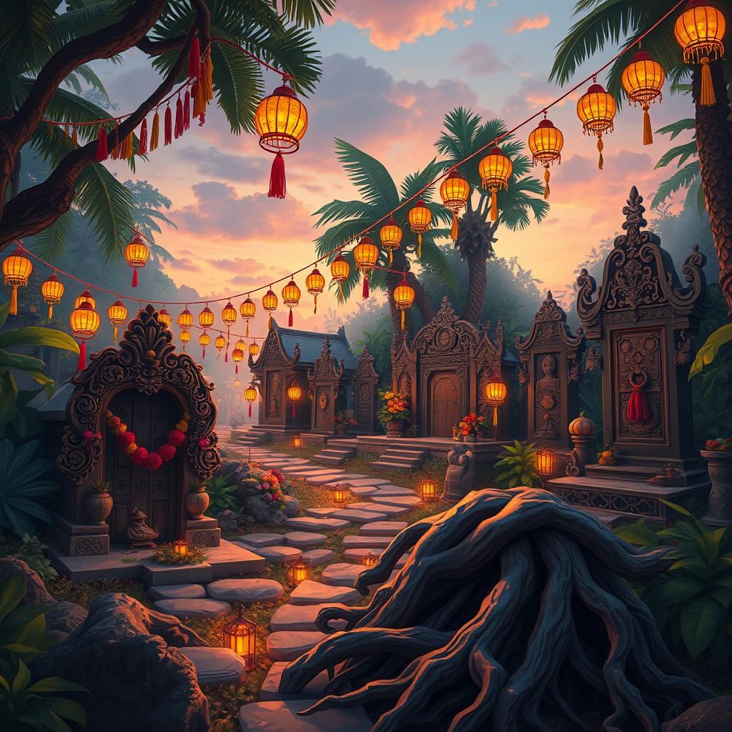 Vibrant Indonesian Graveyard in Dreamlike Style
