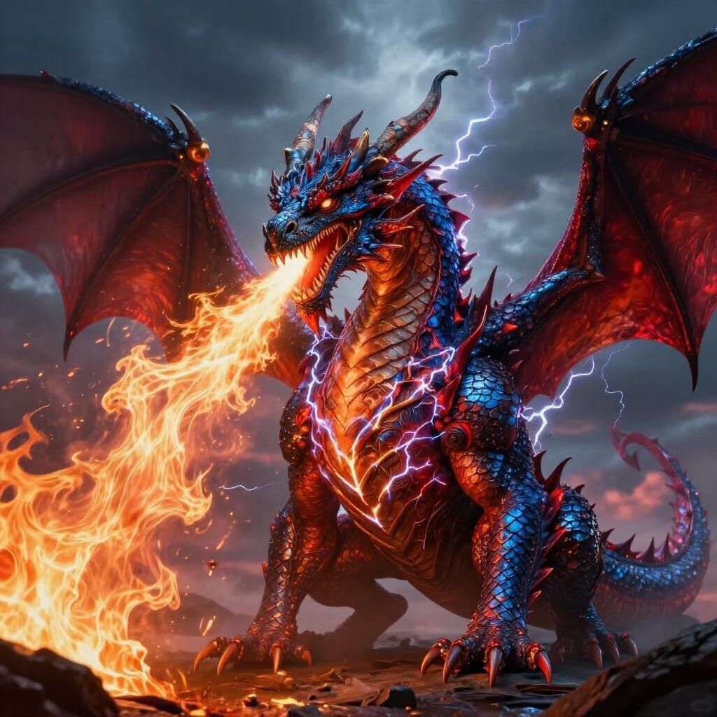 Majestic Dragon Breathes Fire Amidst Stormy Skies