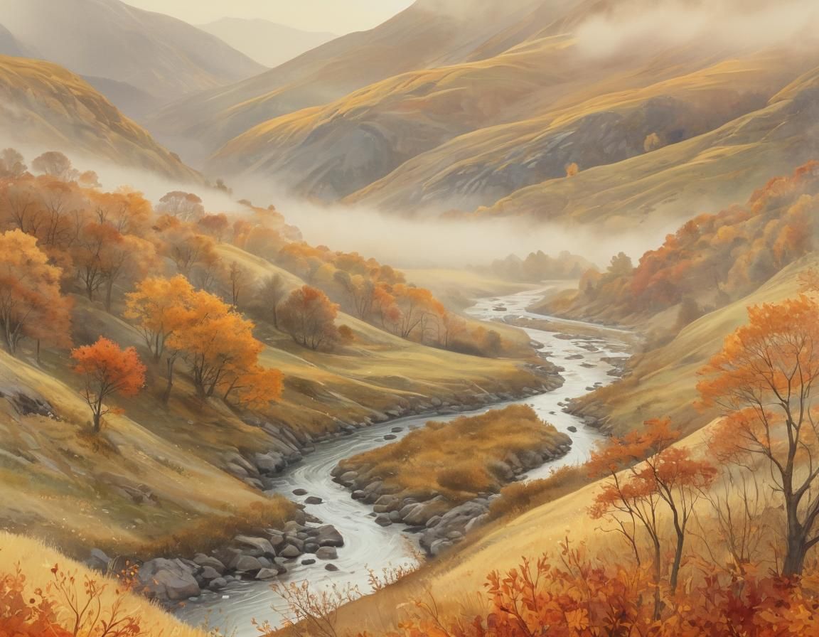 Art Nouveau Valley Landscape with Lifting Fog