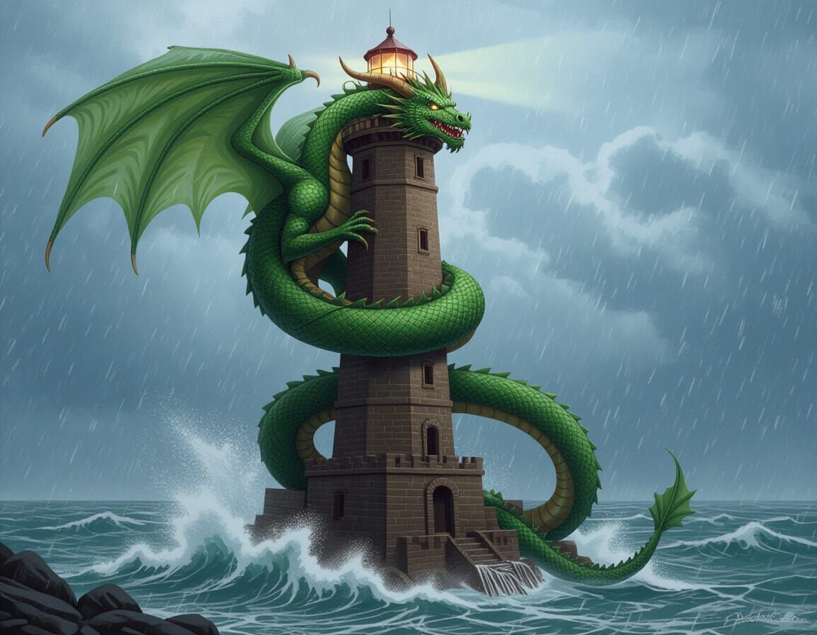 Majestic Dragon Guardian Protecting Lighthouse in Storm