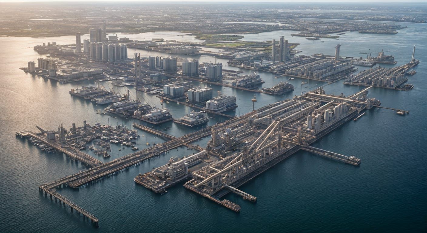 Alien Planet: Industrial Seaport Panorama in Sharp Focus