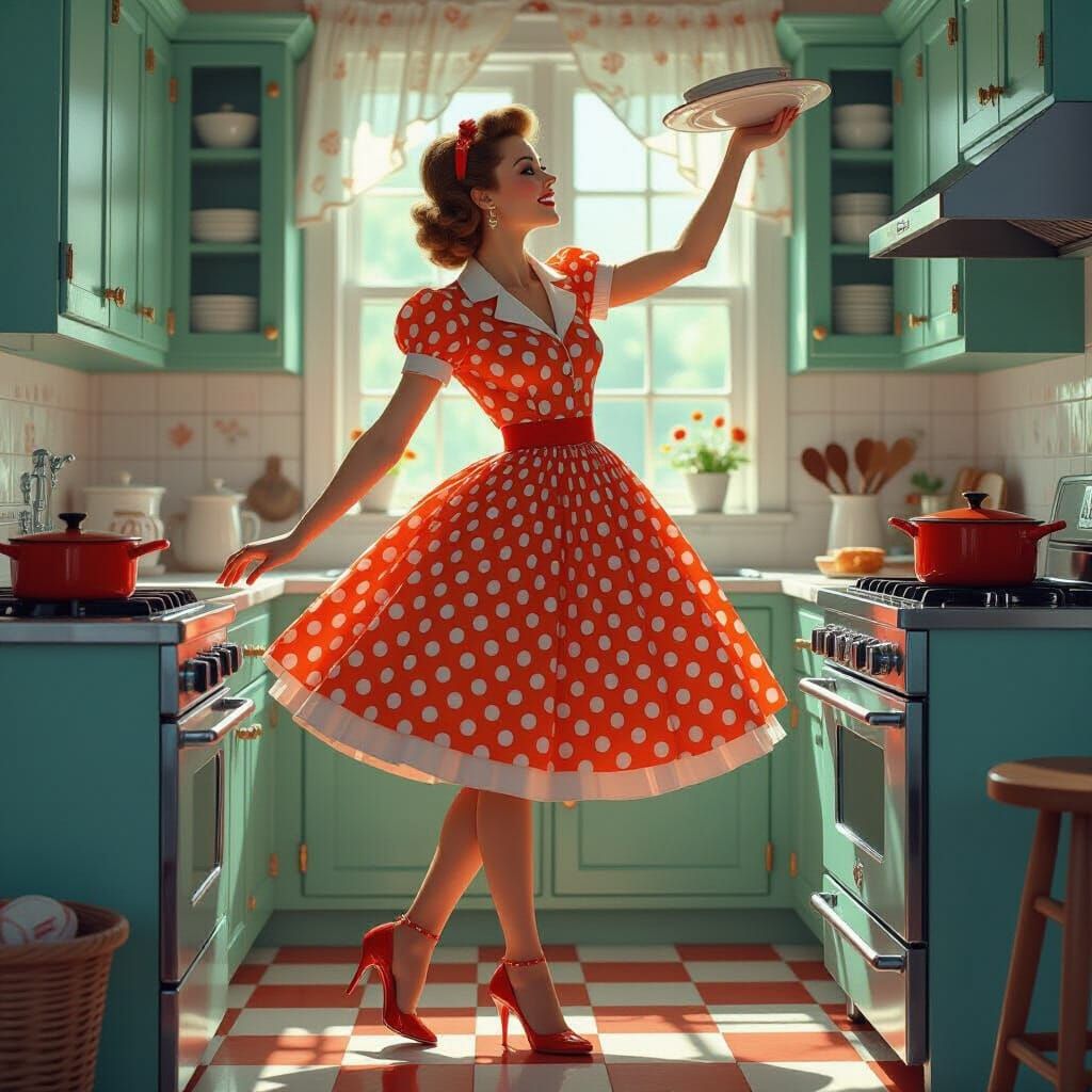1950s Tradwife Reaching for Plate, Detailed Digital Art