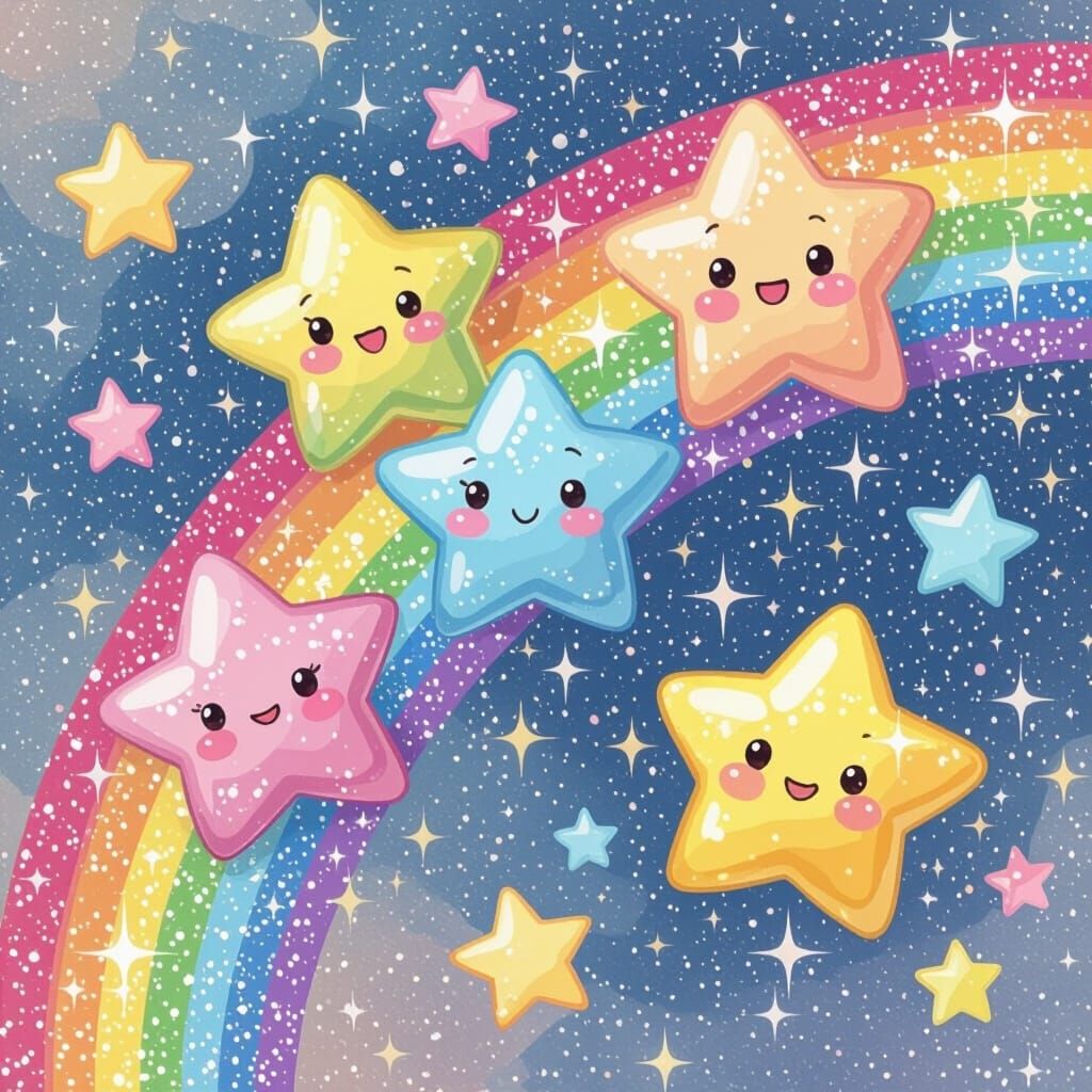 Glittering Kawaii Stars on Rainbow, Digital Art