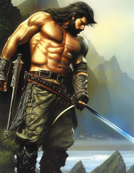 Fantasy Man with Black Sword in Detailed Matte Painting