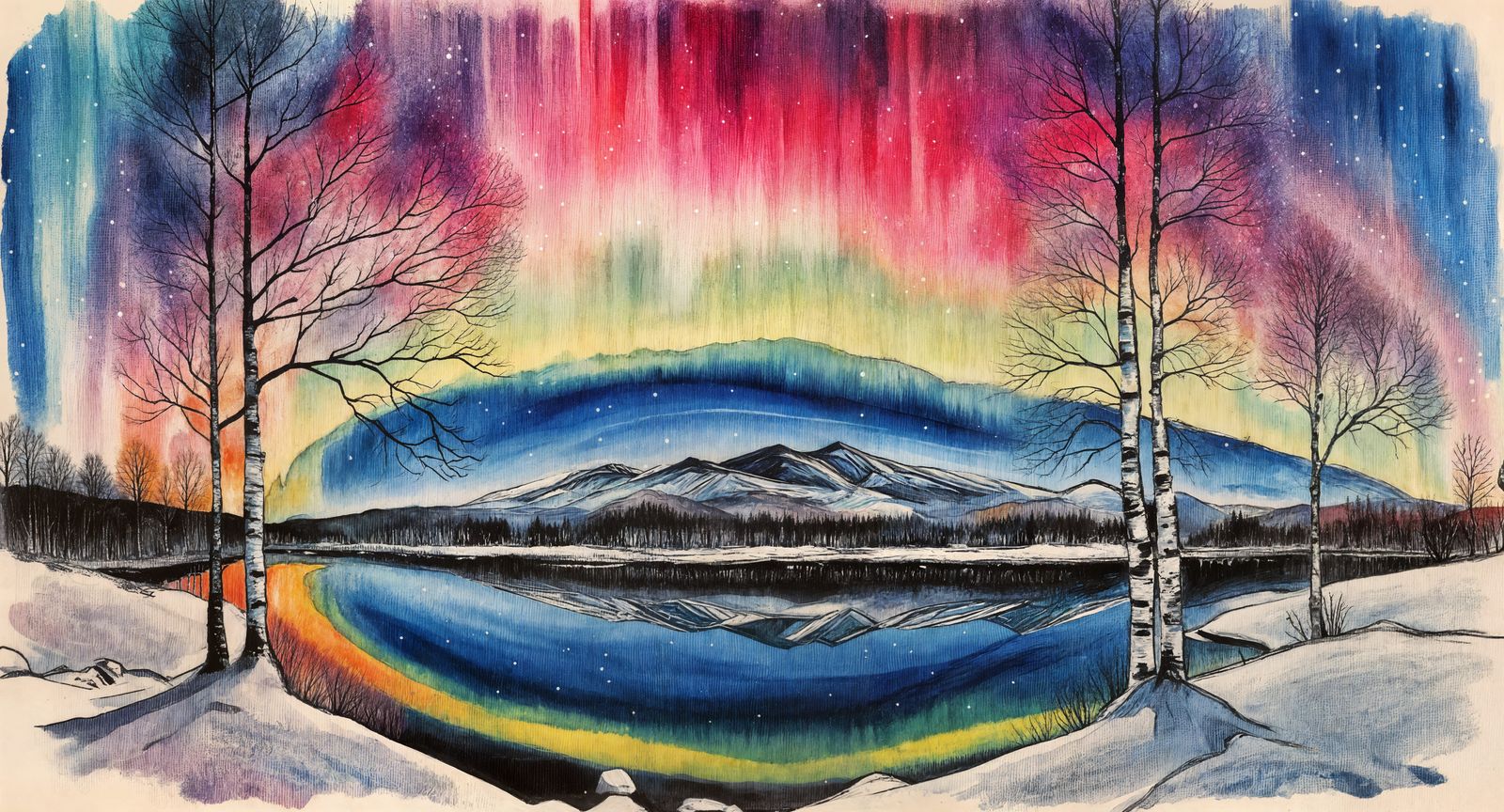 Aurora Borealis Over Winter Landscape in Cubist Style