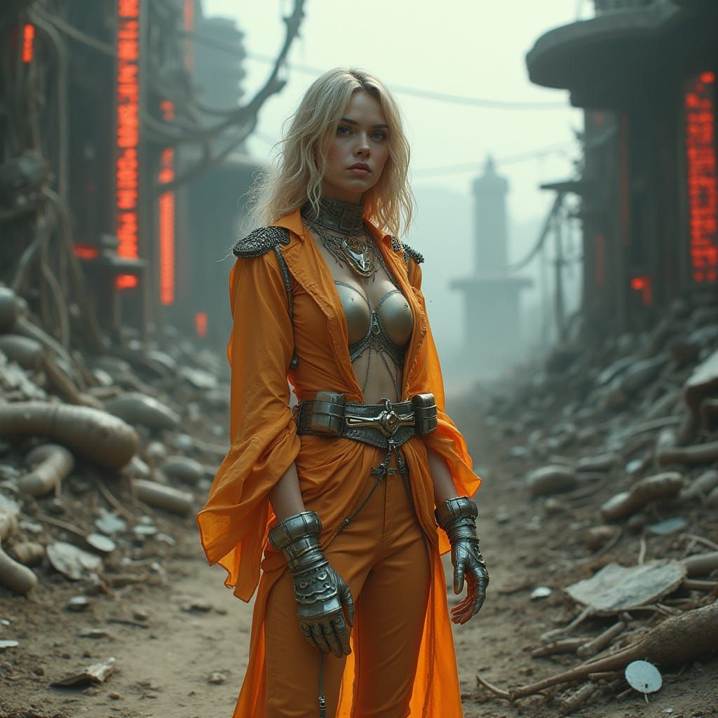 Retro Woman in Chaotic Post-Apocalyptic Landscape