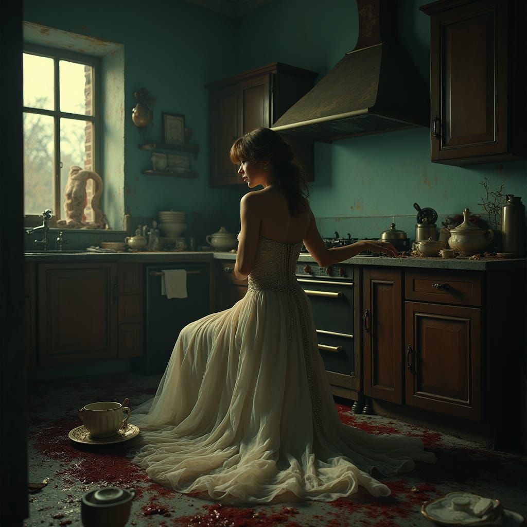 Elegant Woman in Chaotic Kitchen, Horror Fantasycore Style