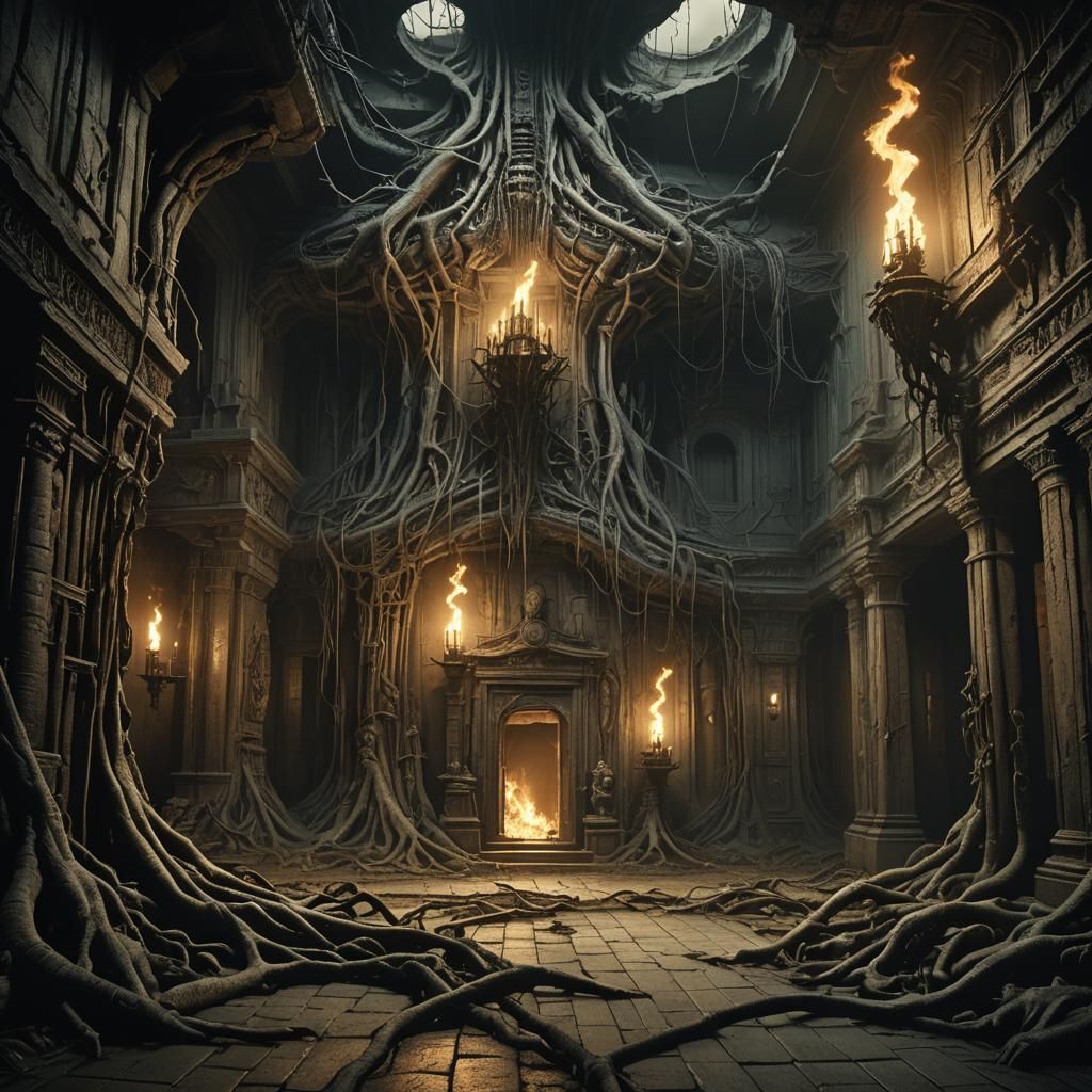 Eerie Dark Fantasy Chamber in Beksiński/Giger Style