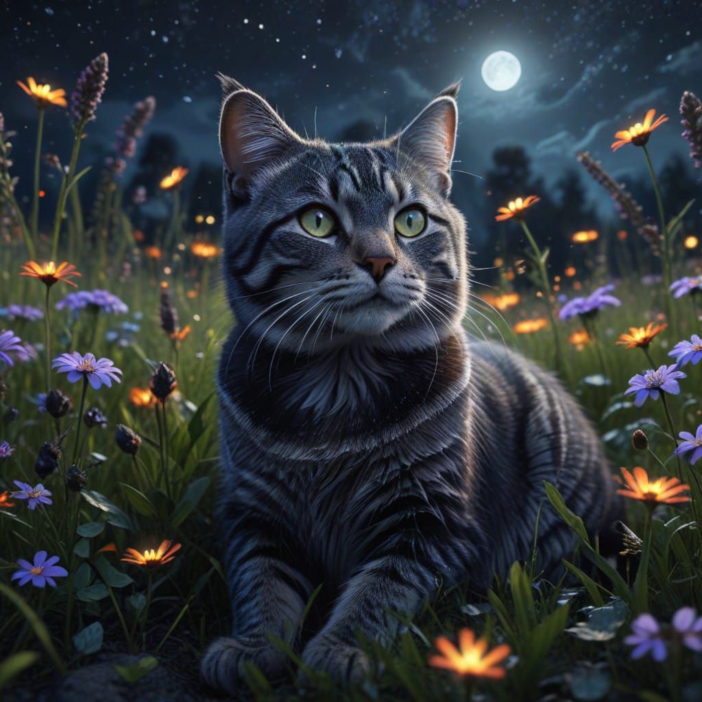 Enchanted Night Whispers: Tabby Cat in Wildflower Dreamscape