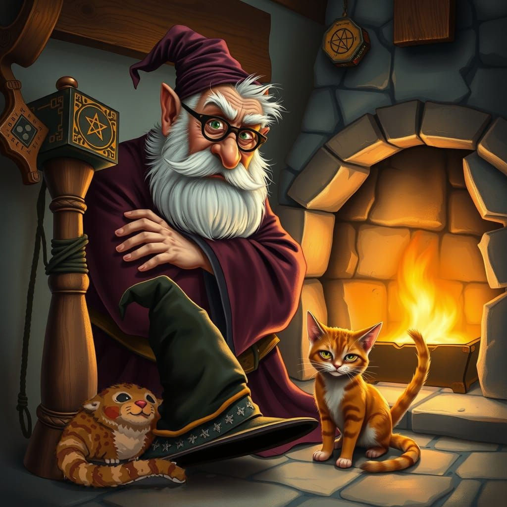 Grumpy Wizard Surprised by Curious Feline
