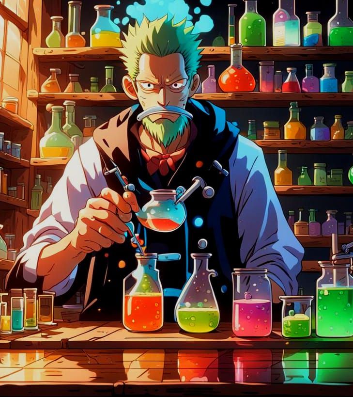 Cel-Shaded Anime Chemist in a Dimly Lit Laboratory