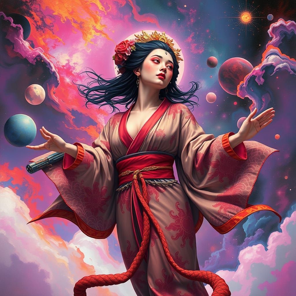 Cosmic Space Goddess in Vibrant Nebulae, Inspired by Far Eas...