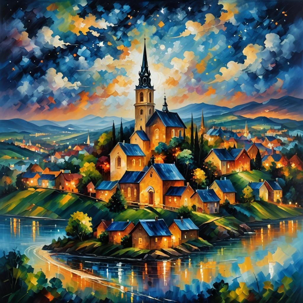 Impressionist Village Under Starry Night Sky