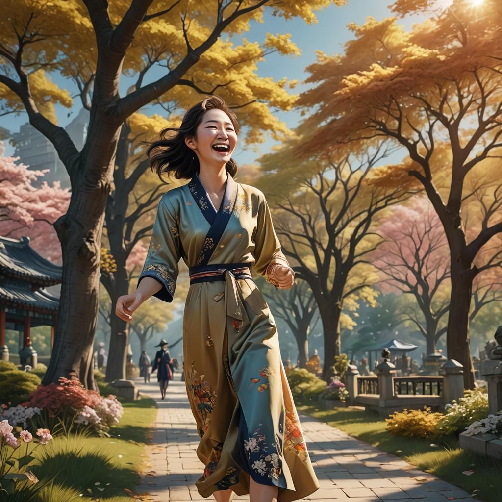 Joyful Korean Woman in Sunny Park: Detailed Matte Painting