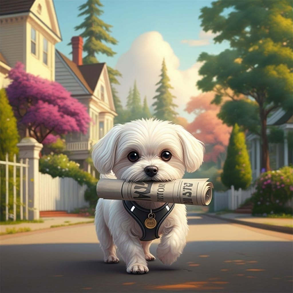Adorable Maltese Dog Delivers Newspaper in Colorful Suburban...
