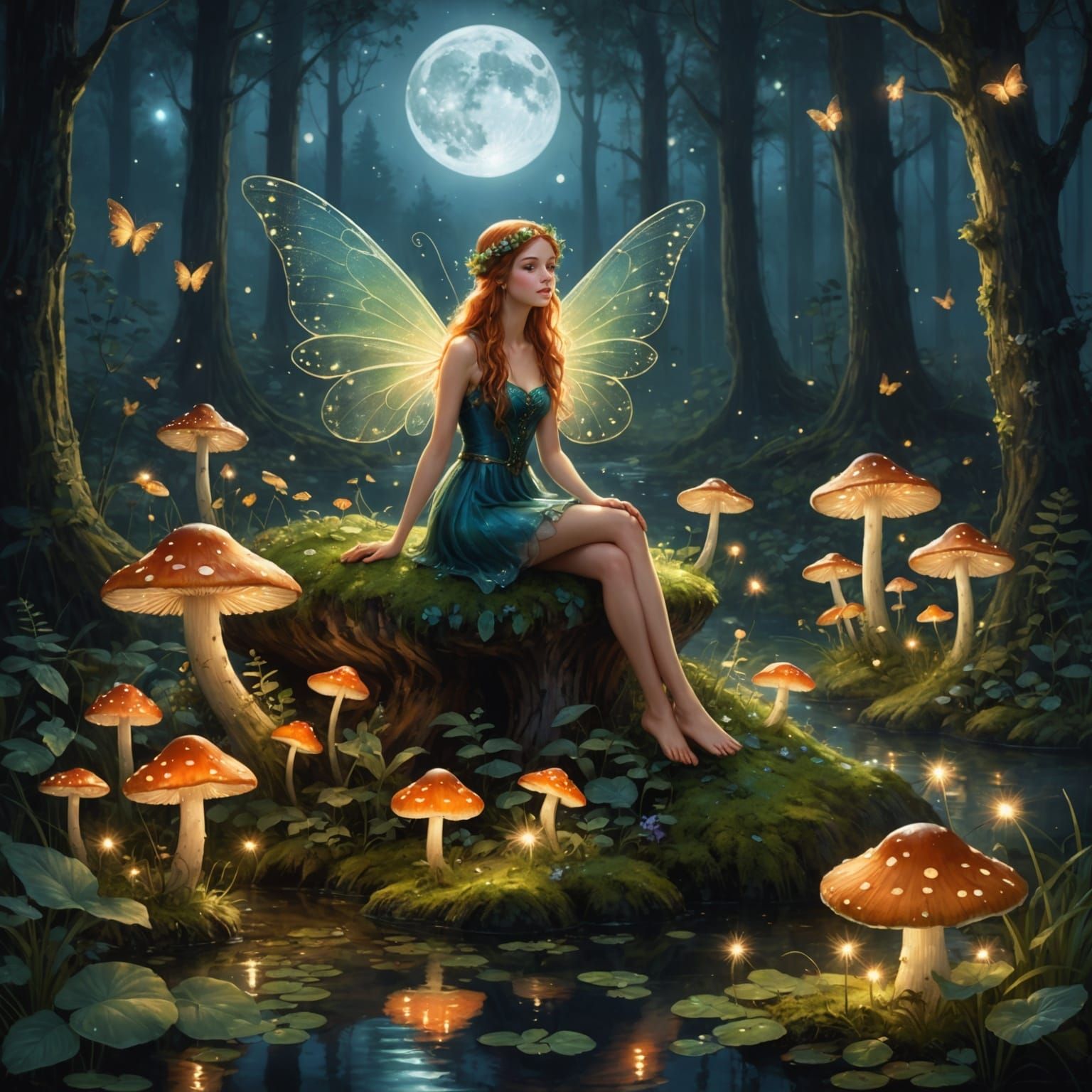 Fairy on Mushroom in Moonlit Forest