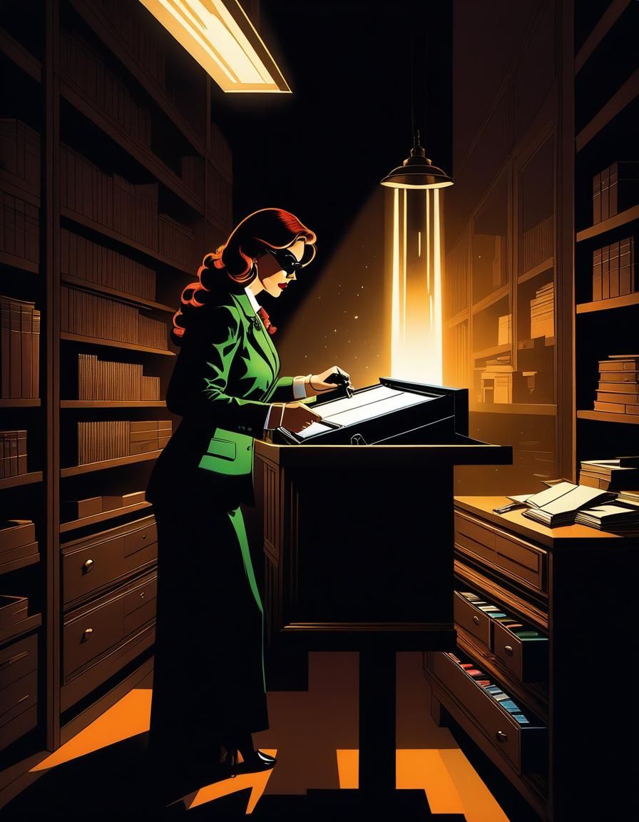 Female Spy Illuminates File Drawer in Noir Style
