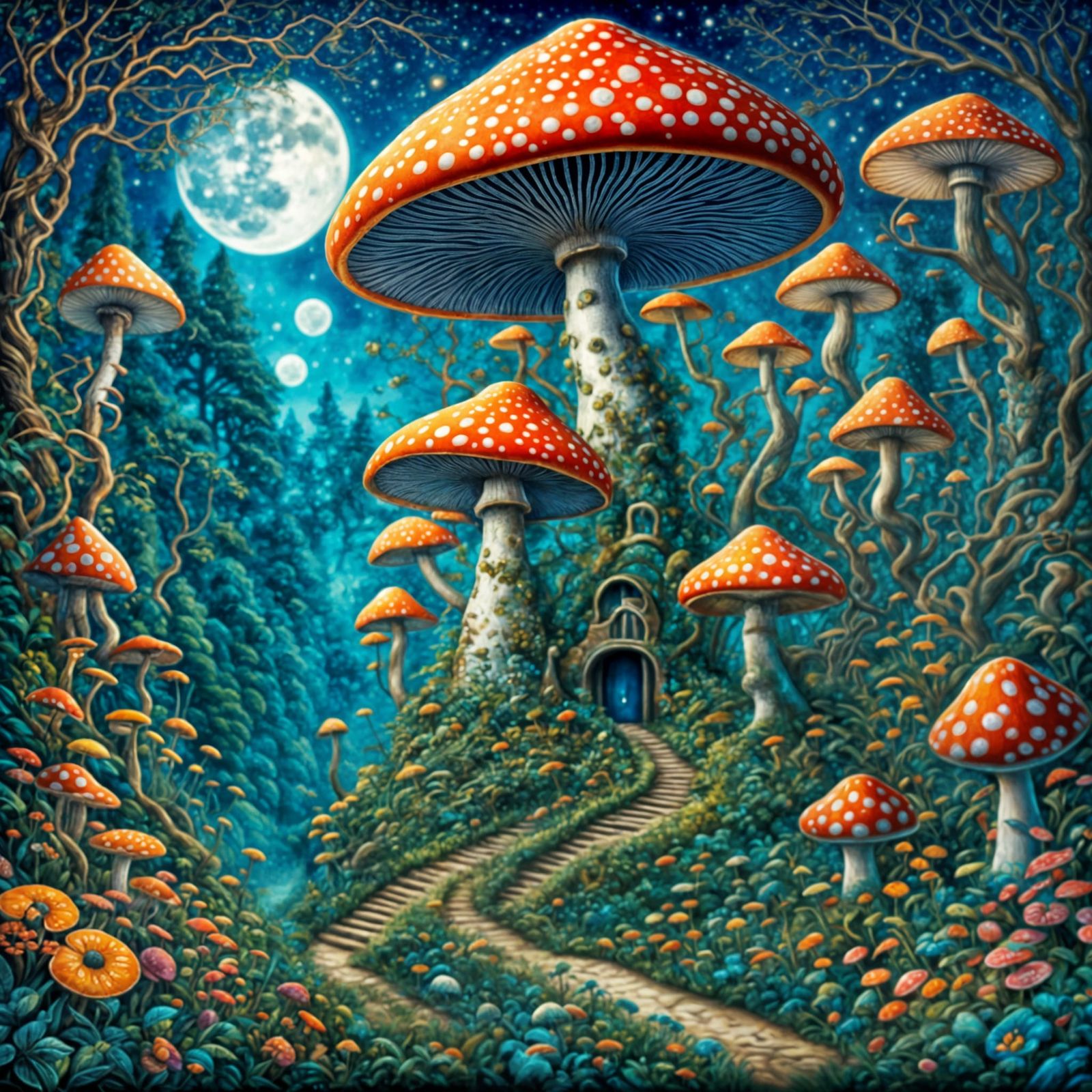 Zentangle Mushroom Forest Under a Mystic Moon