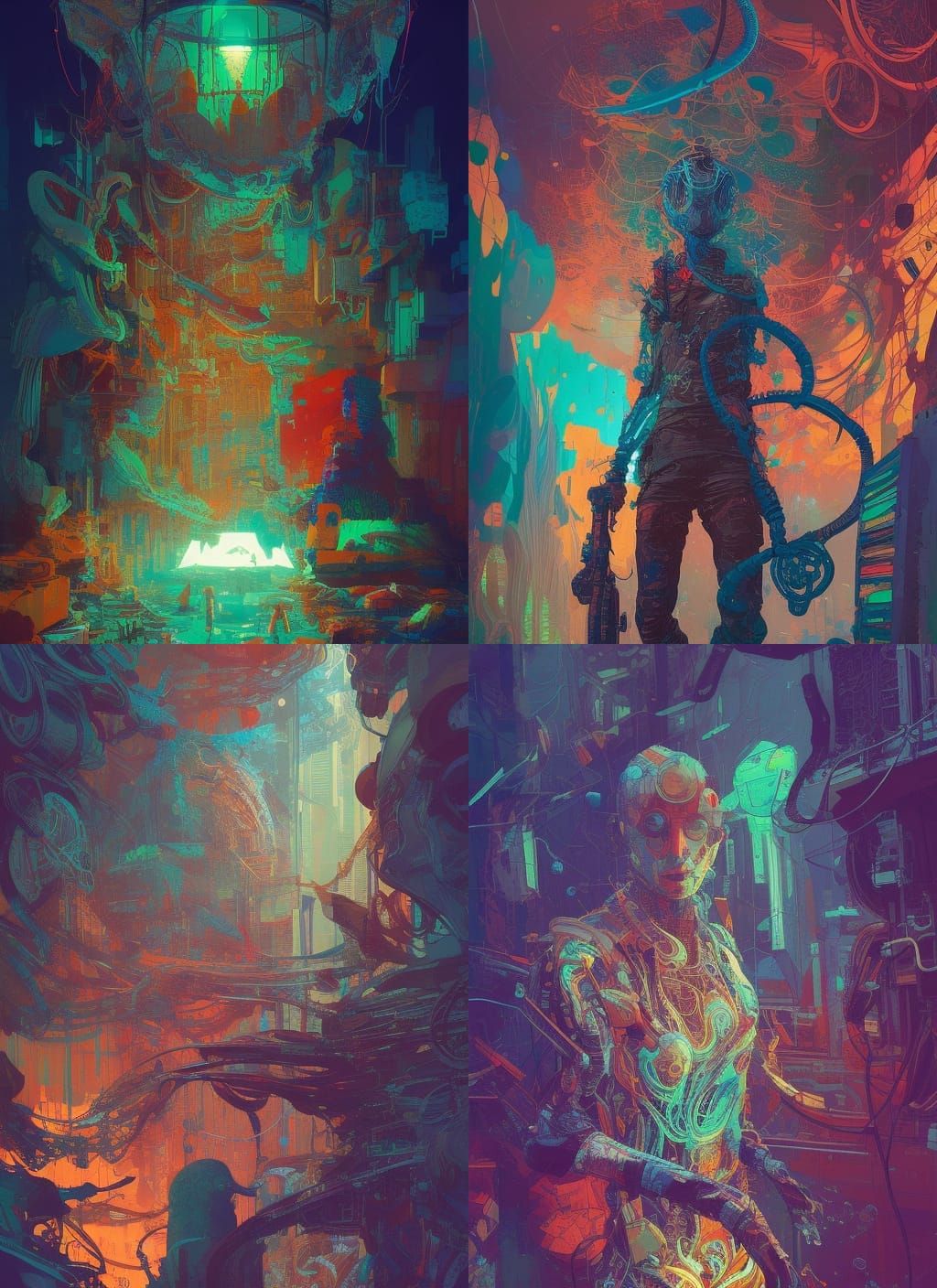 Intricate Cybernetic Hands in Detailed Gouache Illustration