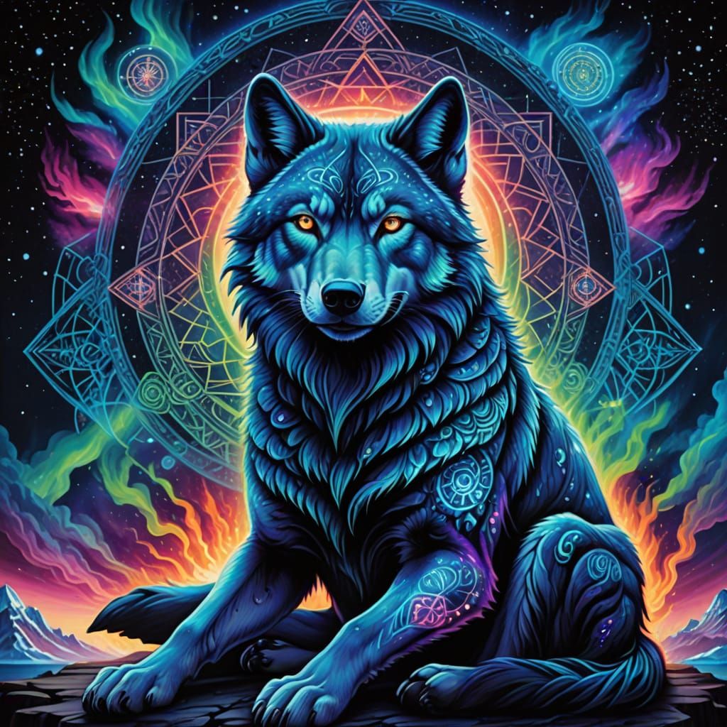 Mystical Wolf Monk with Cosmic Eyes and Northern Lights