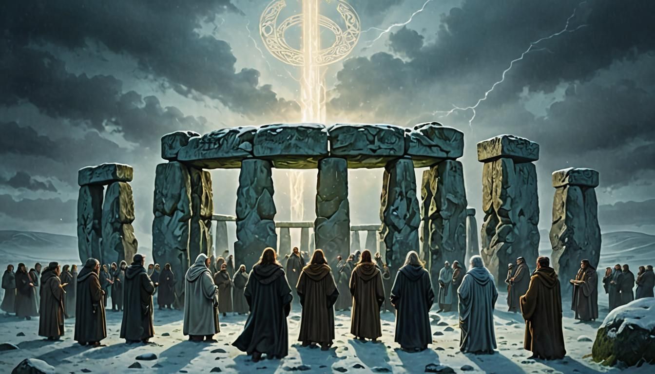 Druids Ceremony at Stonehenge in Winter Storm