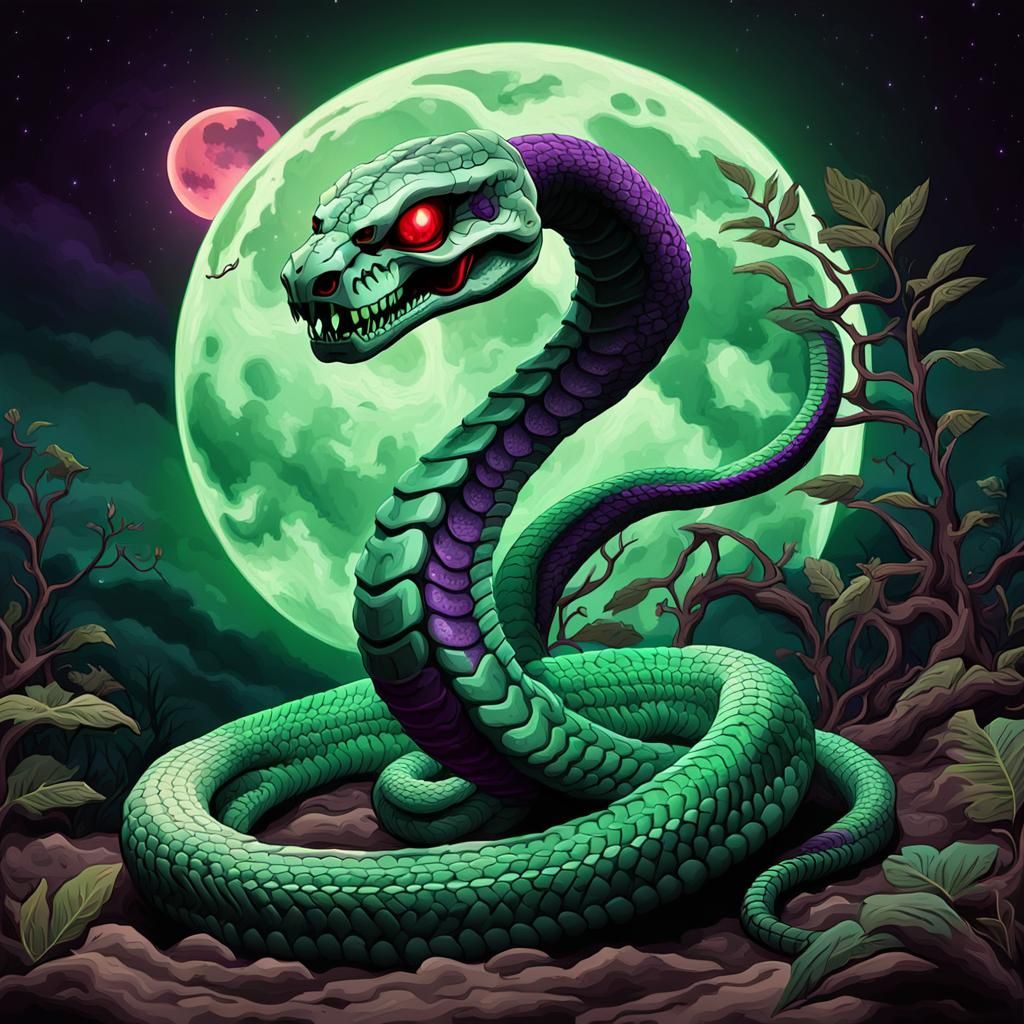 Glowing Cartoon Cobra with Skeleton Face and Moon
