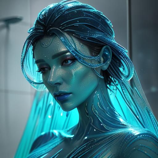Ethereal Glowing Glass Woman in Shower