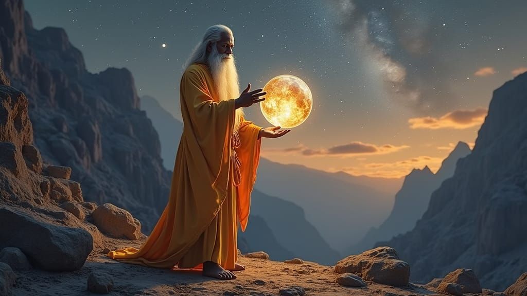 Wise Indian Mystic with Crystal Sphere Artifact