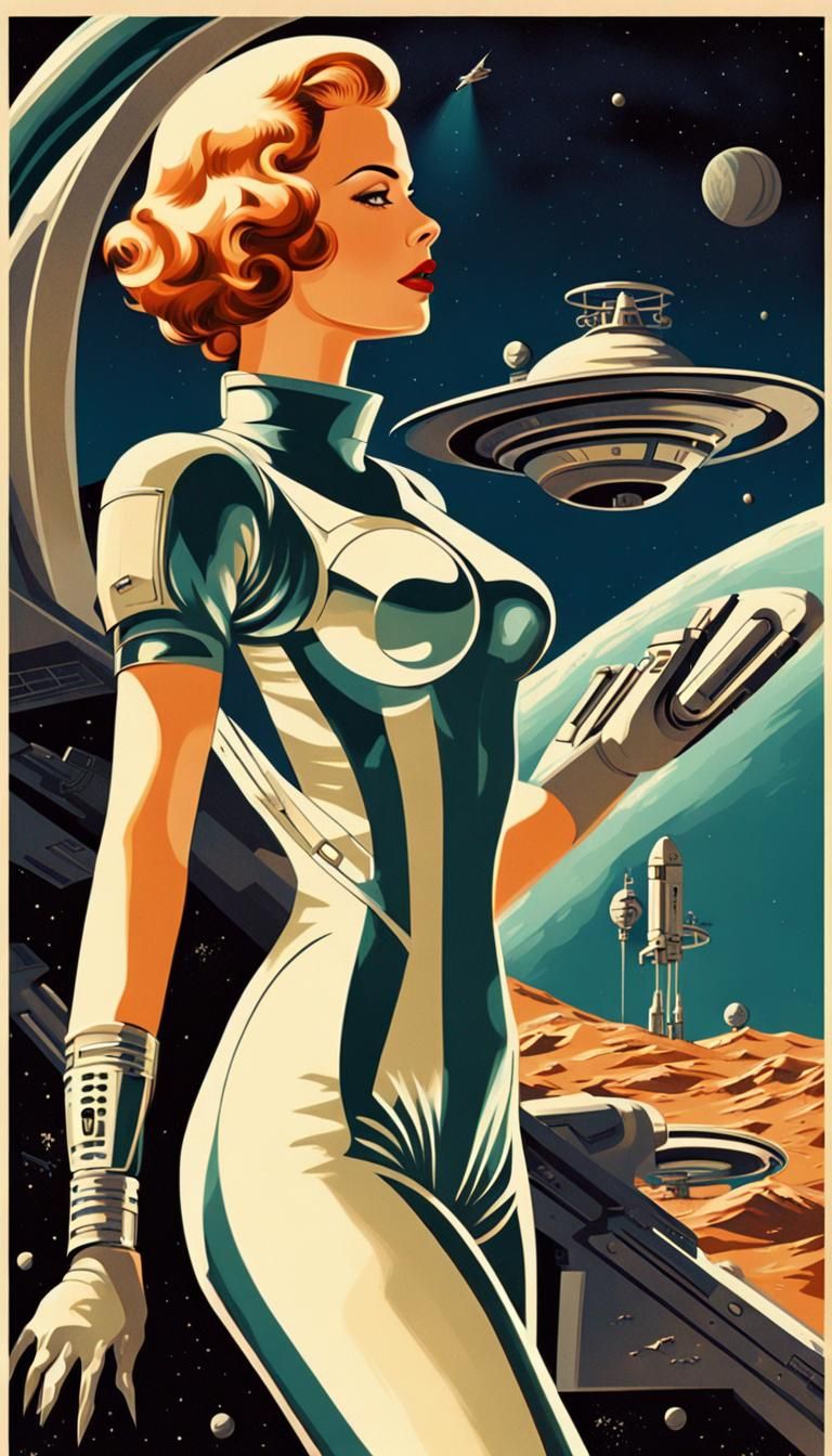 Retro-Futurism Woman in Space Suit: Art Deco Poster