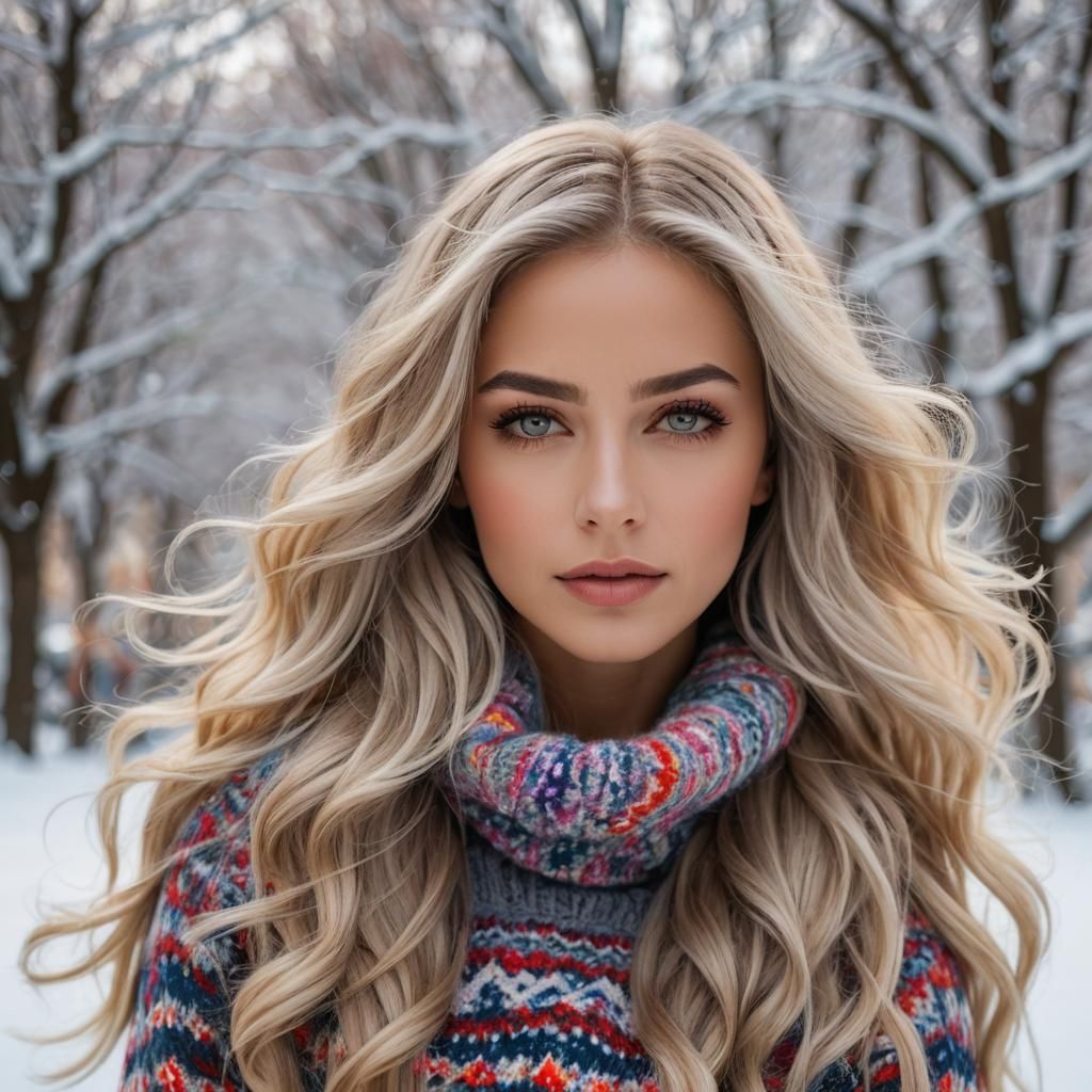 Beautiful Woman with Silver Hair in Winter