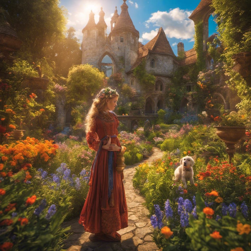 Medieval girl cute puppy