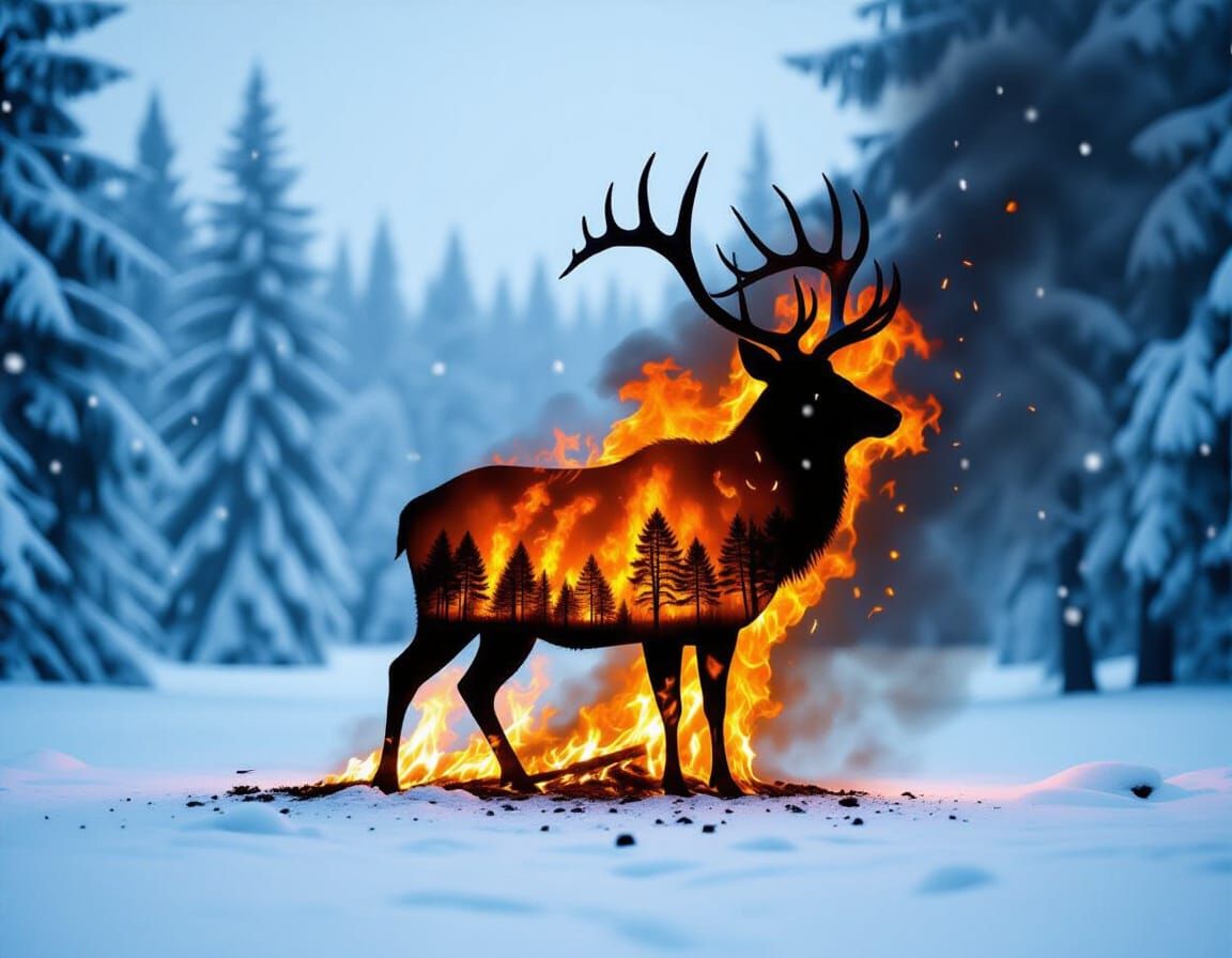 Stag Silhouette Encasing Wildfire in Snowy Landscape