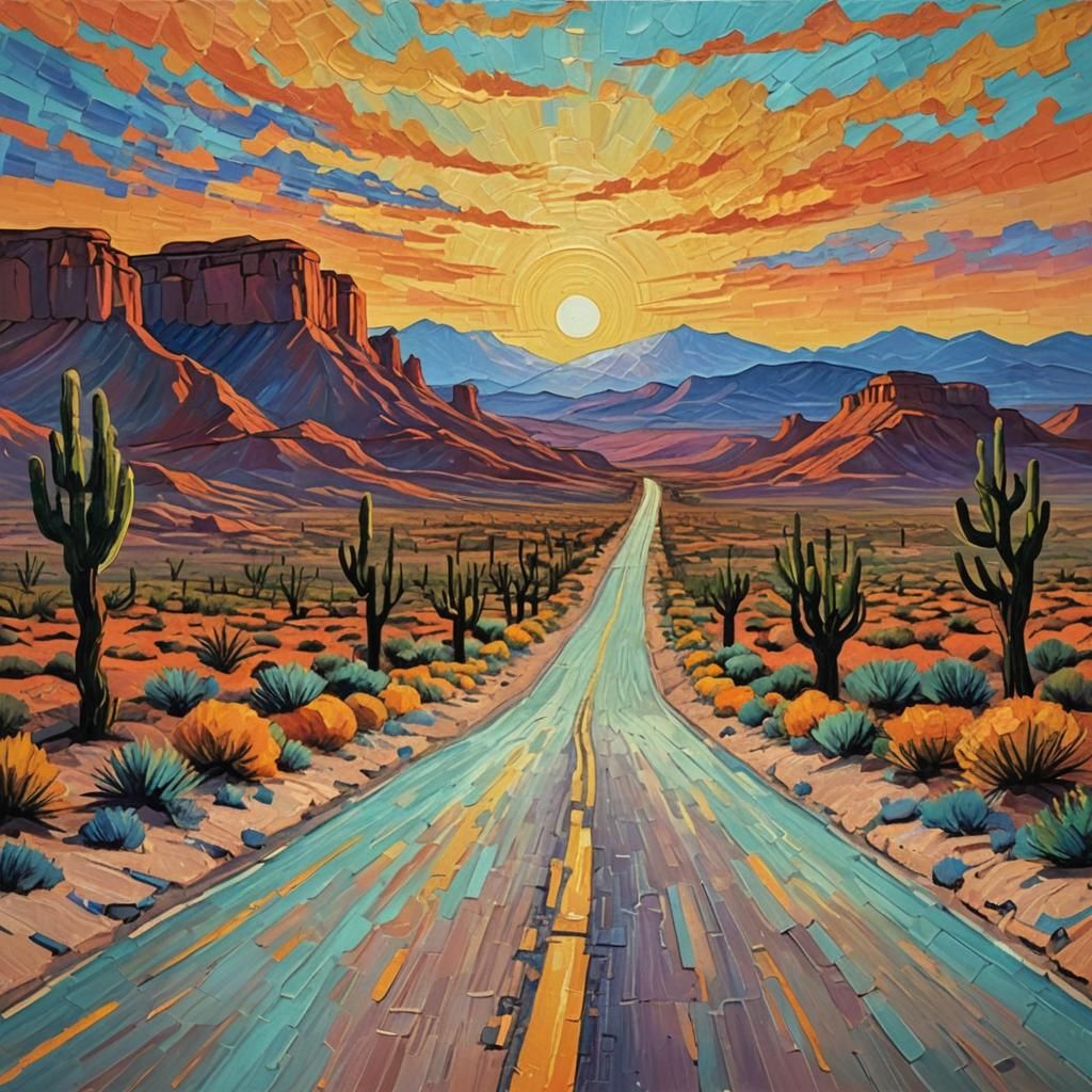 Desert Road at Sunset in Neo-Impressionist Style