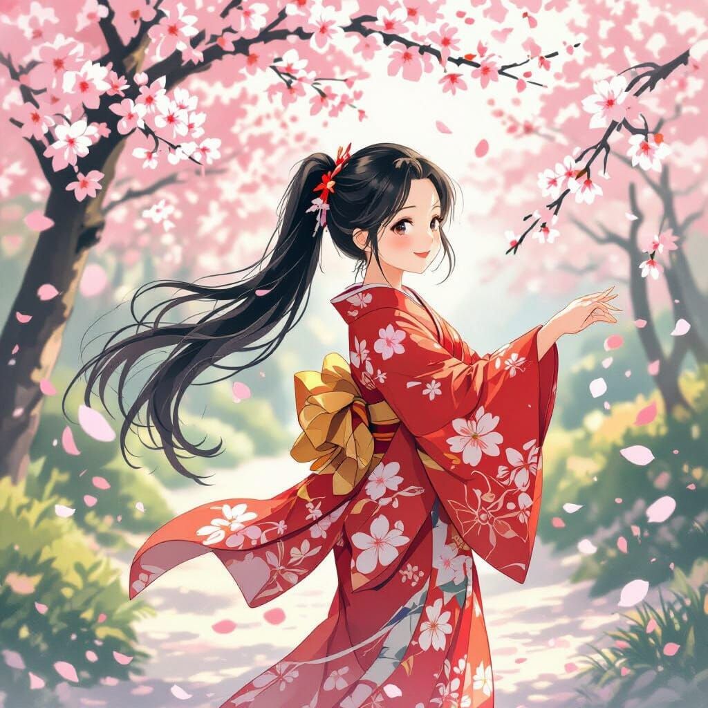 Japanese Girl Dancing in Cherry Blossom Garden