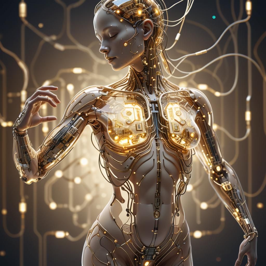 Cyborg with transparent skin revealing computer parts and li...