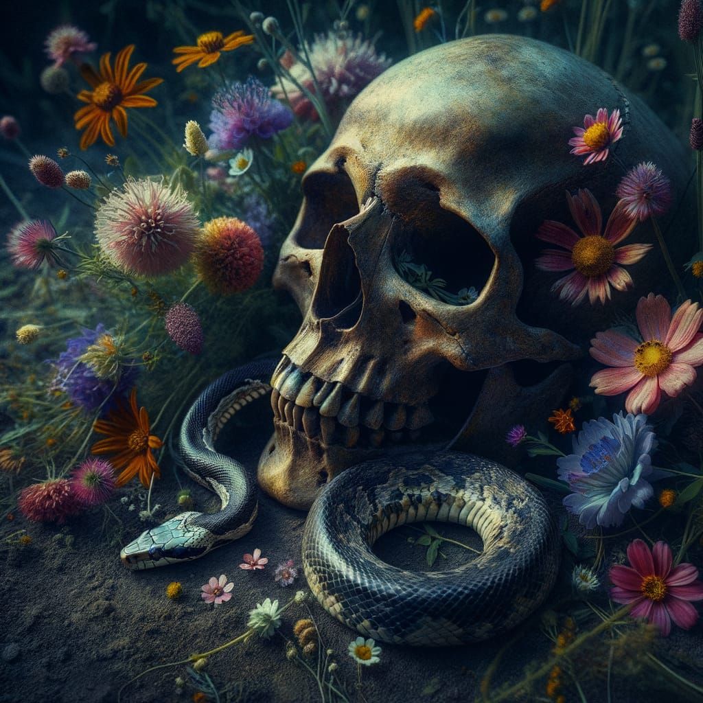 Realistic Skull with Snake and Wildflowers