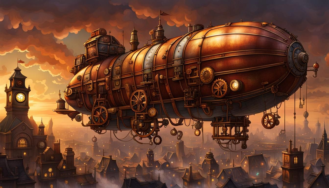Steampunk Blimp Over Cityscape at Dusk