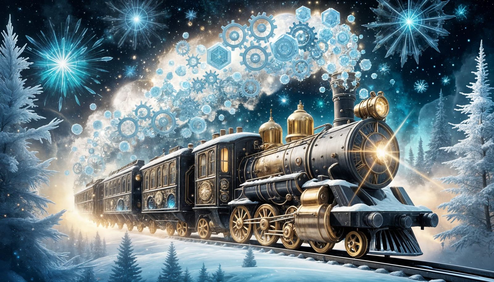 Steampunk Train Emits Frozen Starlight Smoke Over Pine Fores...
