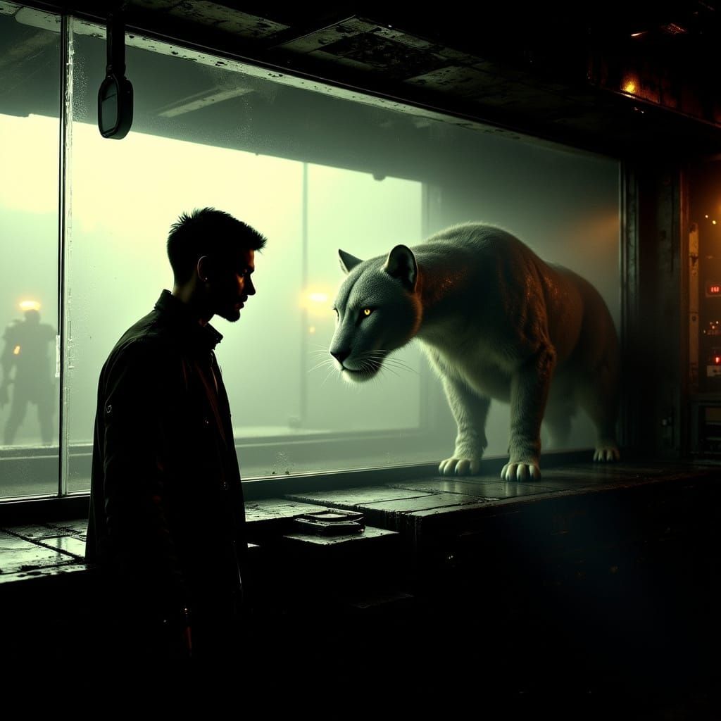Man and Animal Contemplate Separation Behind Glass