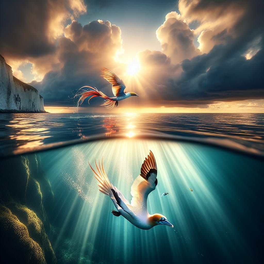 Gannet Dive Meets Mandarinfish in Golden Light