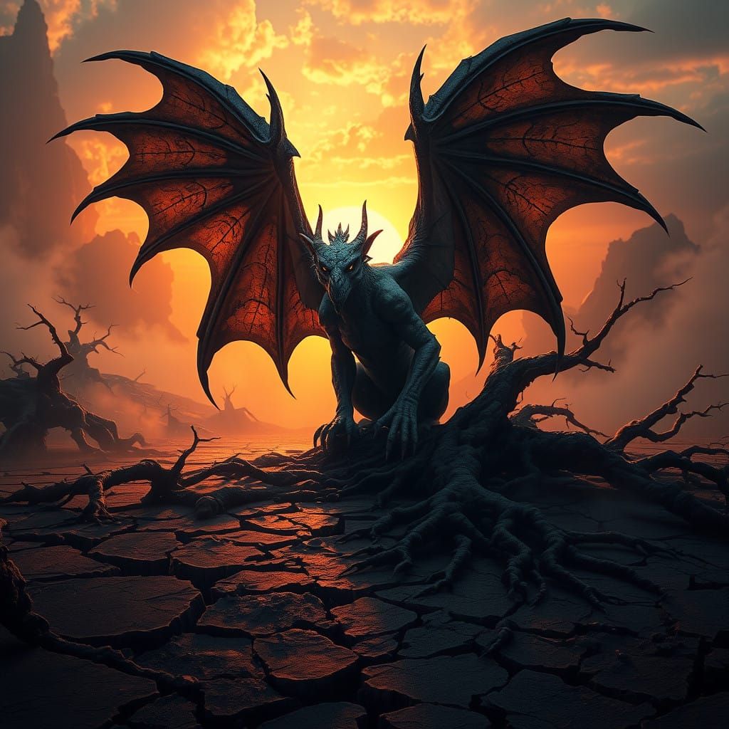 Majestic Gargoyle Emerge from Earth's Surface in Eerie, Atmo...