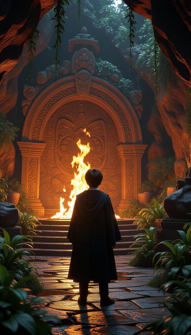 Harry Potter in Fiery Grotto: Hyperrealistic Cinematic Scene