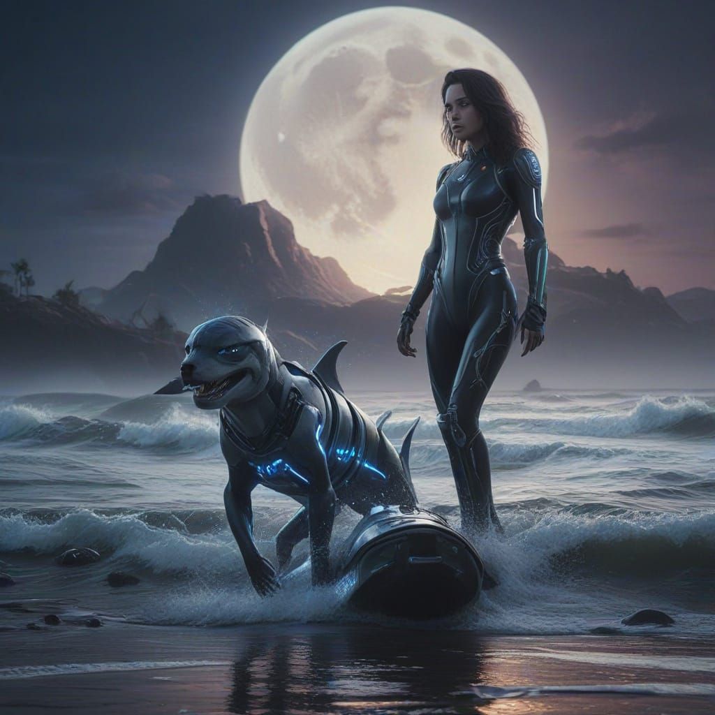 Girl Surfs on Mech Shark Under Glowing Moon