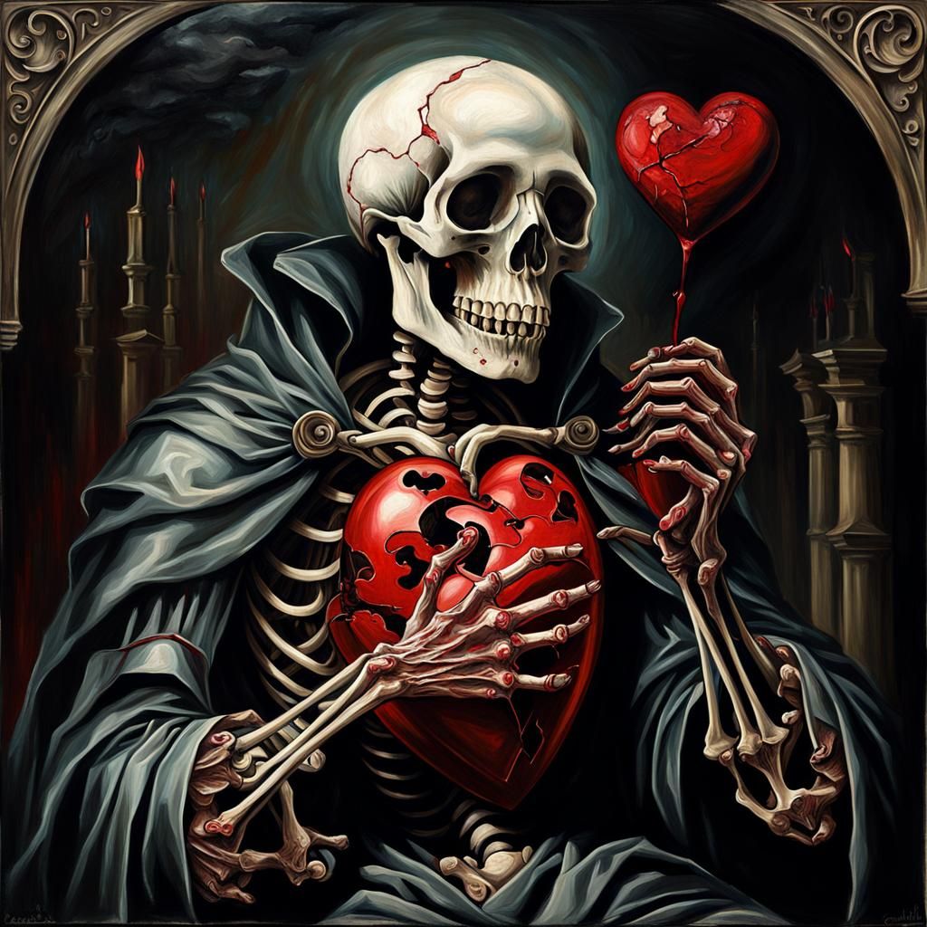 Skeleton with Heart: Gothic Oil Painting
