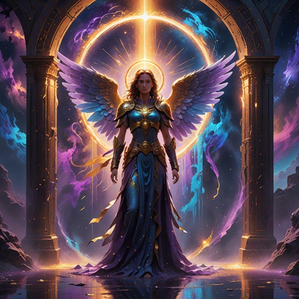 Angelic Figure Ascending Through Cosmic Portal