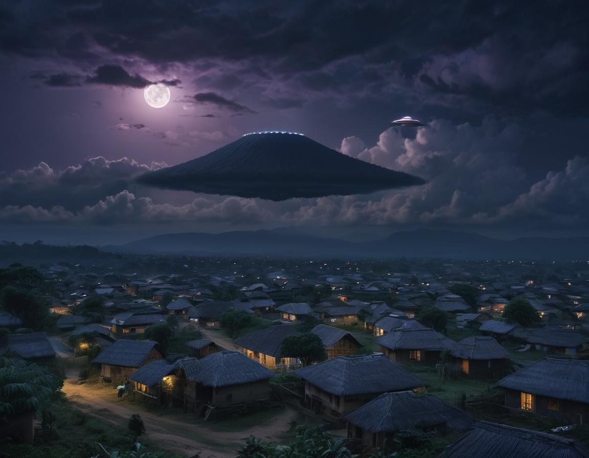UFO Over Congo Villages at Night in Fantasy Art
